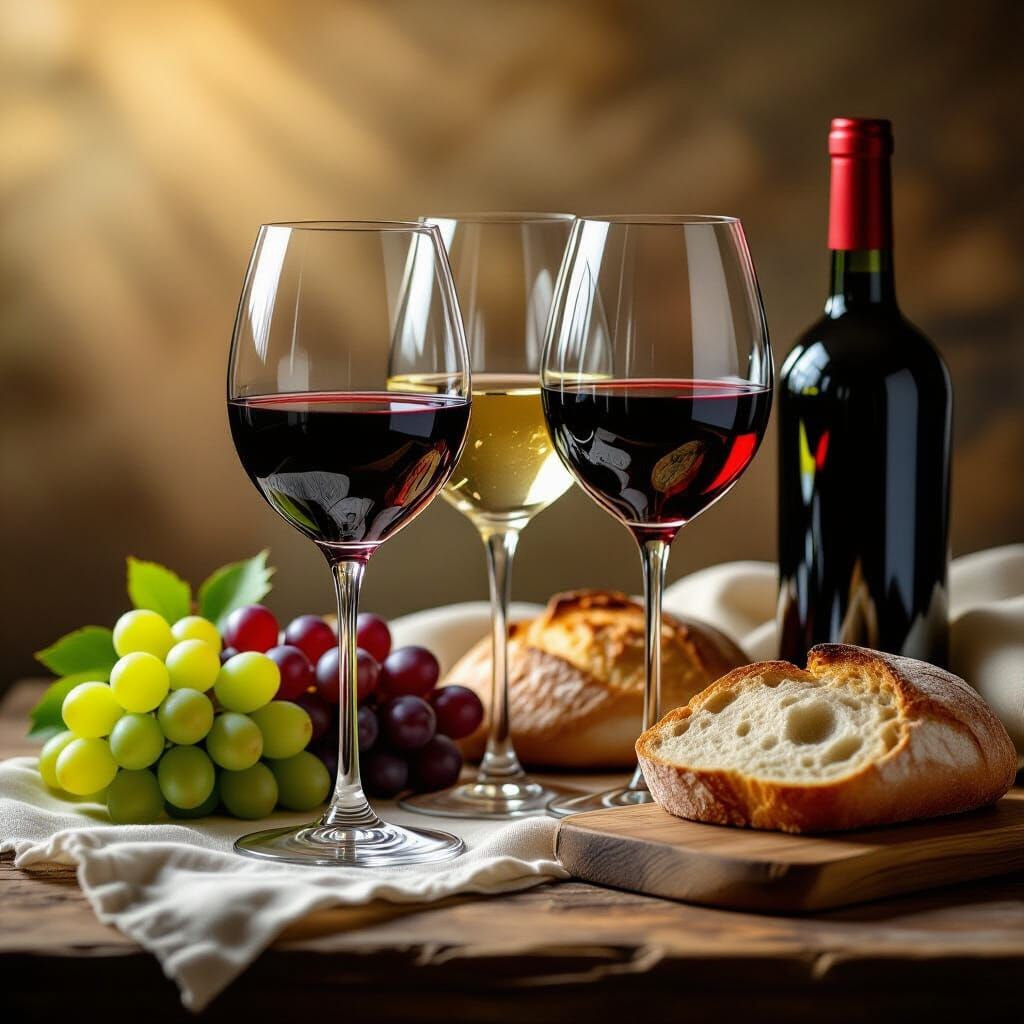Elegant Wine Still Life with Grapes and Bread
