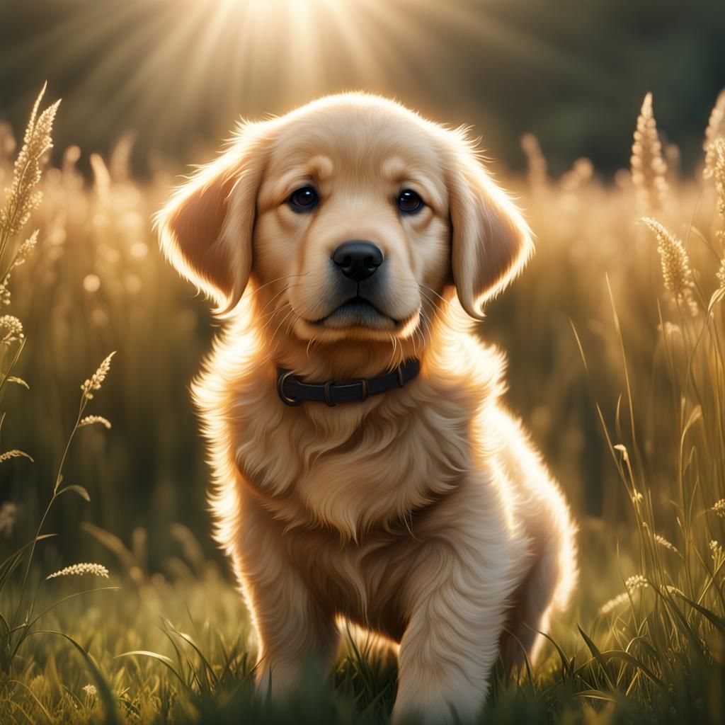 Golden Retriever Puppy in Sunlight: Detailed Matte Painting