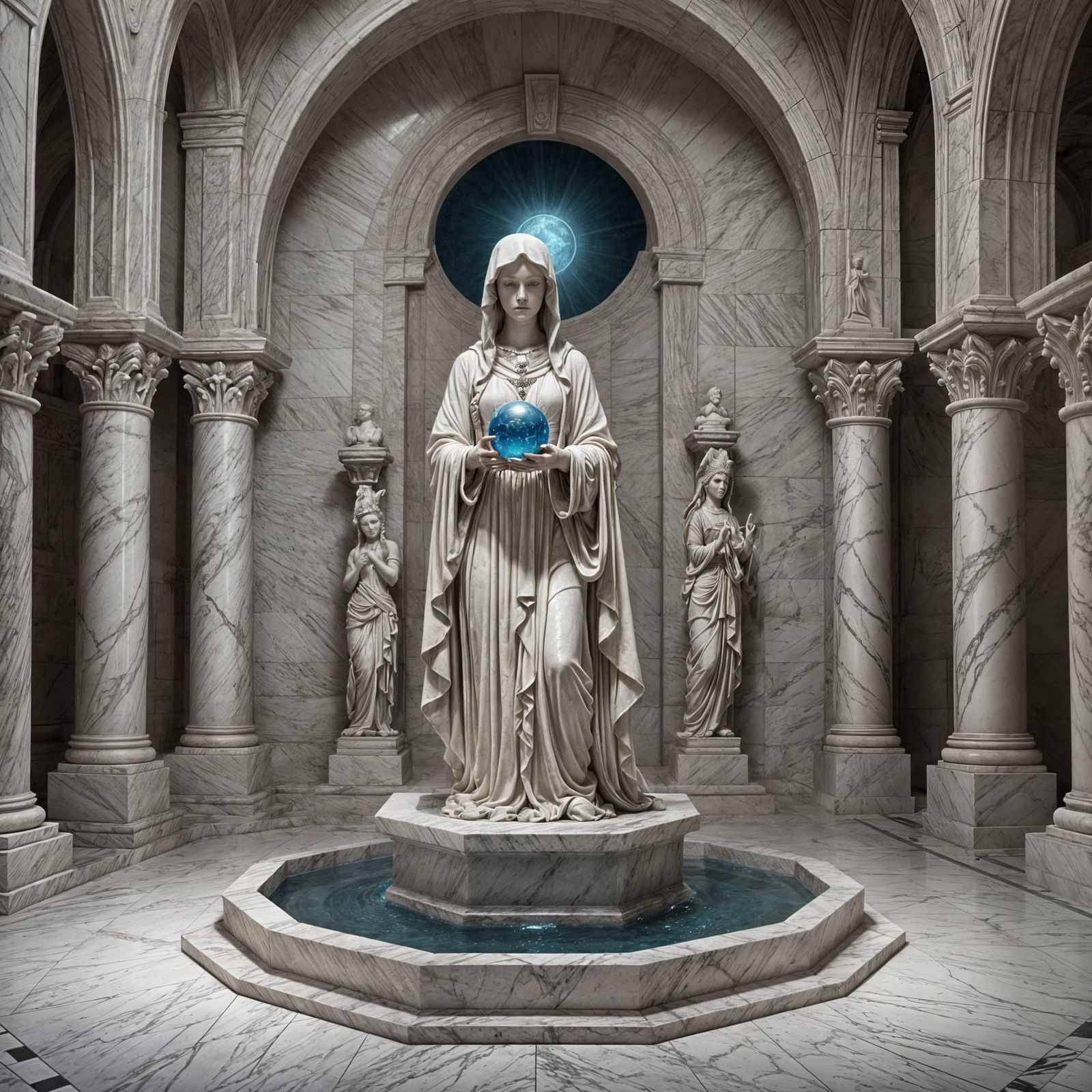 Marble Temple Statue with Blue Crystal Ball
