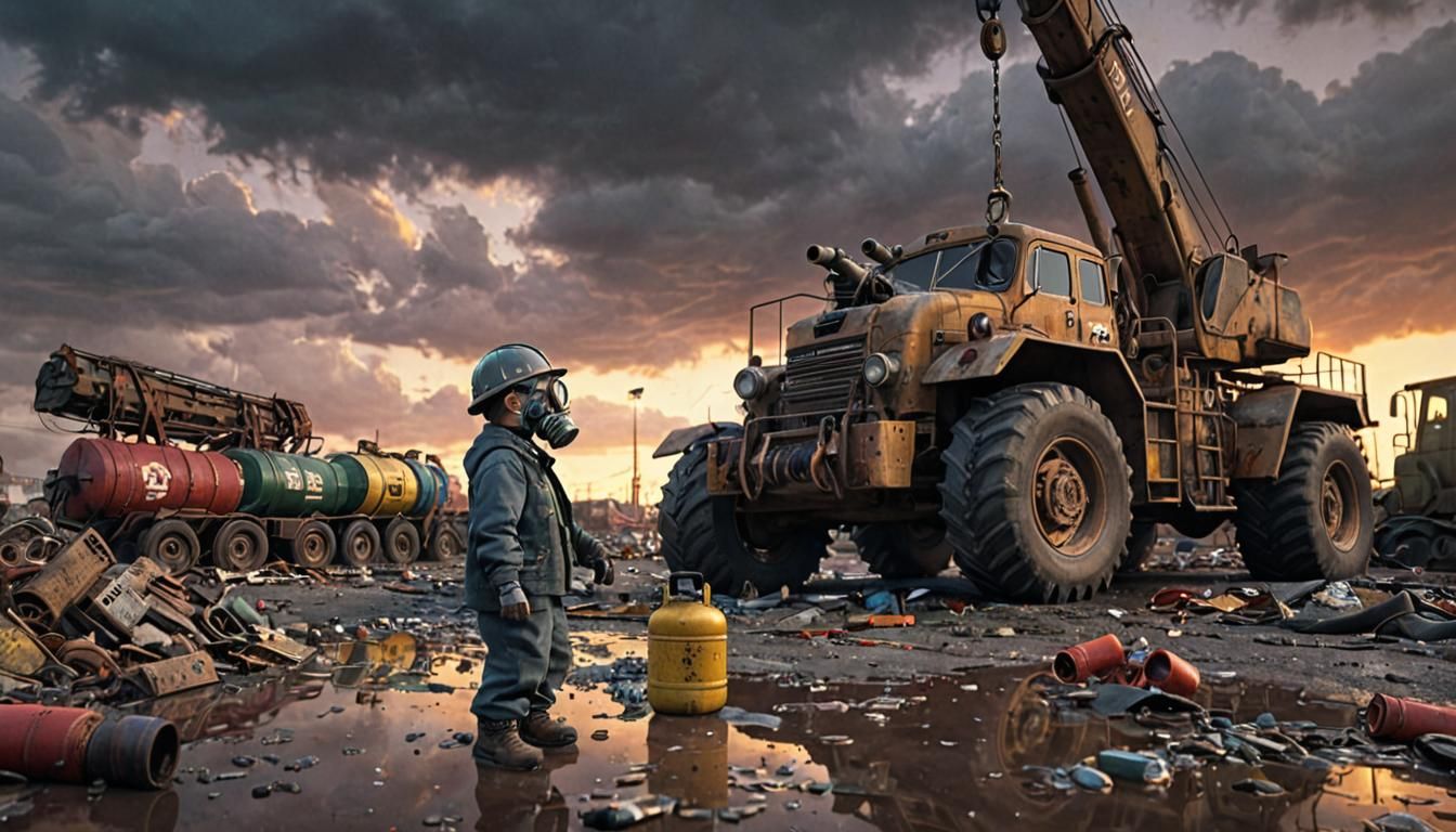 Grimdark Dieselpunk Port Scene with Boy and Crane