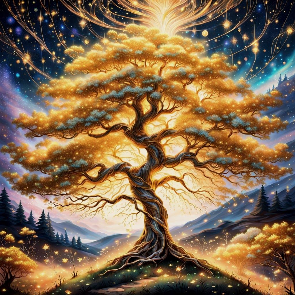 Golden Tree Radiates Celestial Glow in Whimsical Fantasy Lan...