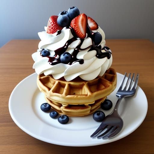 Photorealistic Waffle with Berries and Chocolate Drizzle