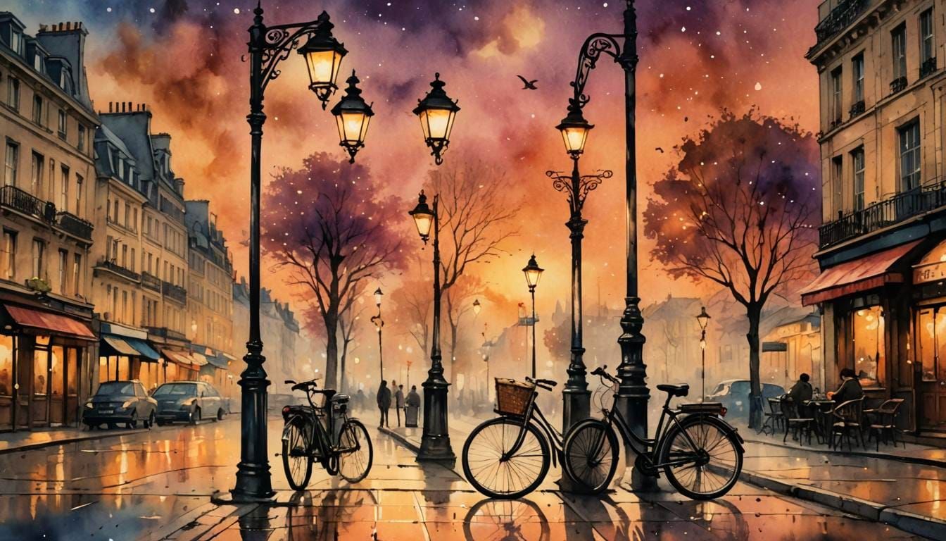 Paris Sunset: Bicycle, Steampunk, and Ink Painting