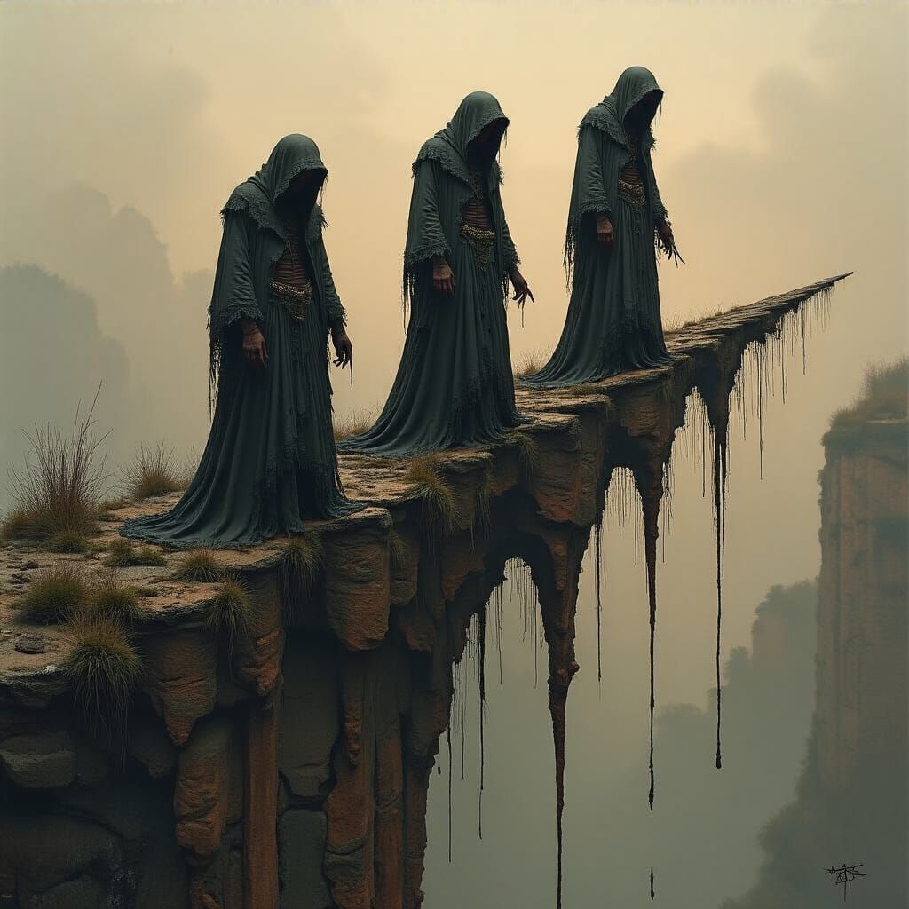 Figures Balancing on Razor's Edge in Gothic Style