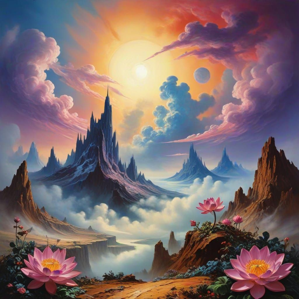 A surreal painting of a giant lotus flower blooming on a mountaintop, its petals reaching towards the sky. The surroundi...