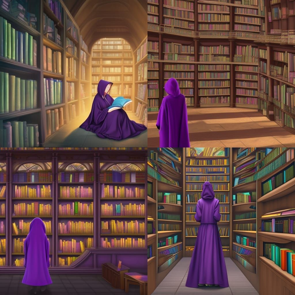 Asian Woman in Purple Robe at Library: Detailed Matte Painti...