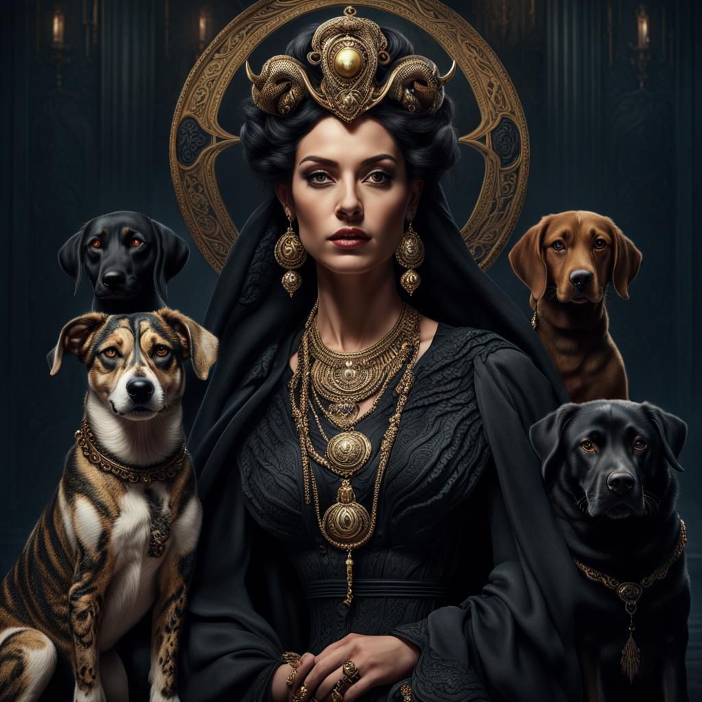 Goddess Hecate Portrait with Dogs in Dark Fantasy Style