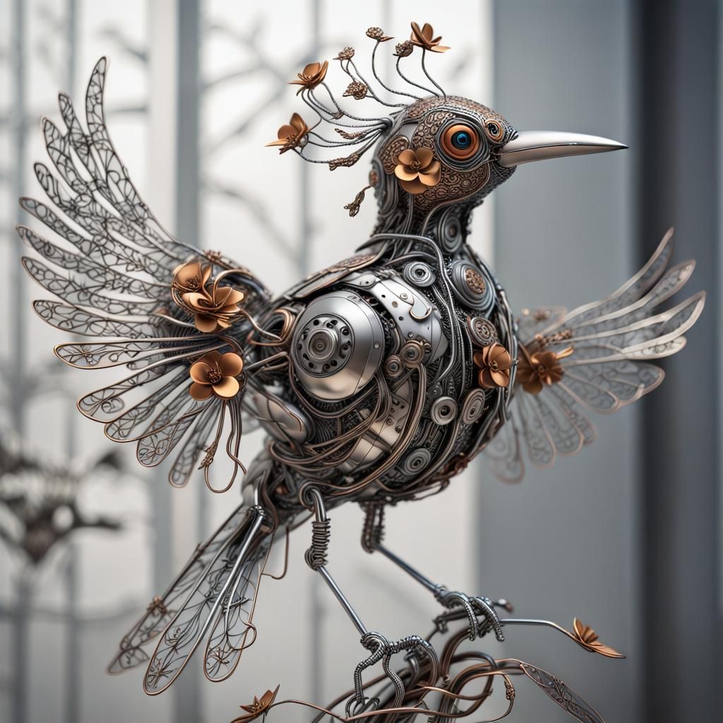 Intricate Metal Bird Sculpture in Cyberpunk Style