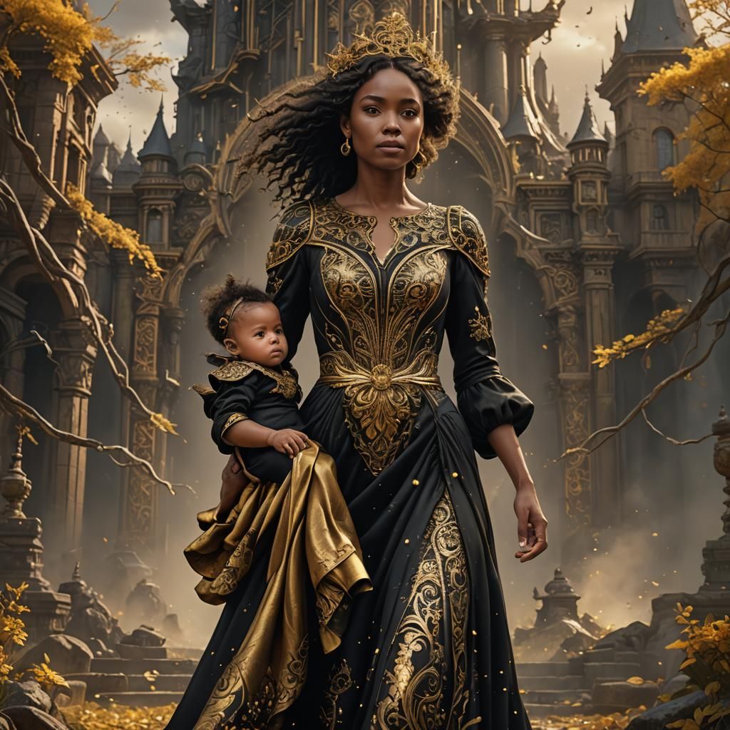 Motherhood in Black and Gold: Realistic Detailed Painting