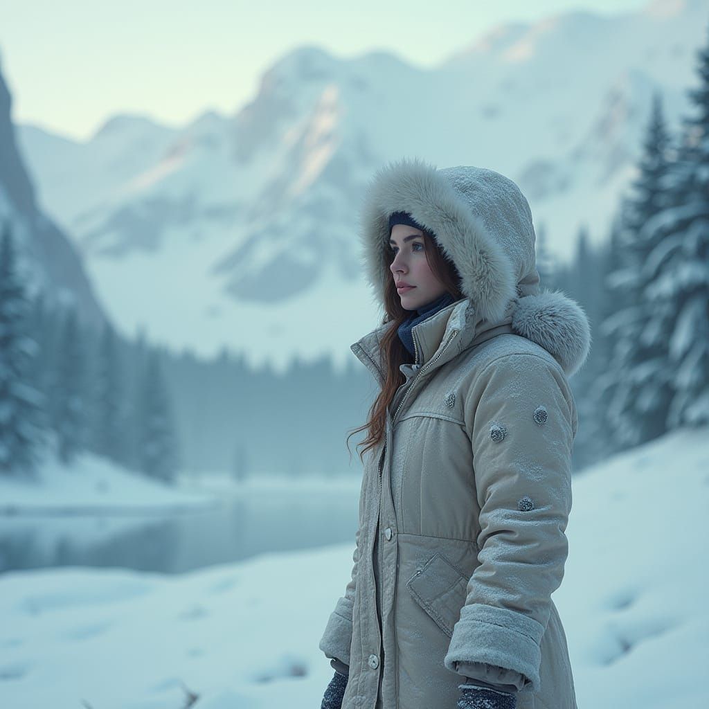 Cinematic Tundra Landscape with Woman in Snowy Jacket