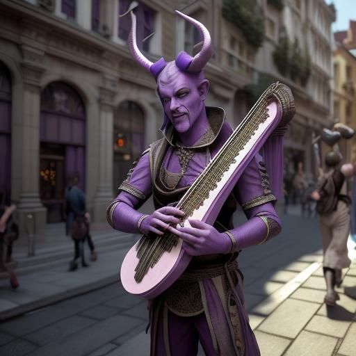 Tiefling Bard Performs in Medieval City: 3D Anime Art