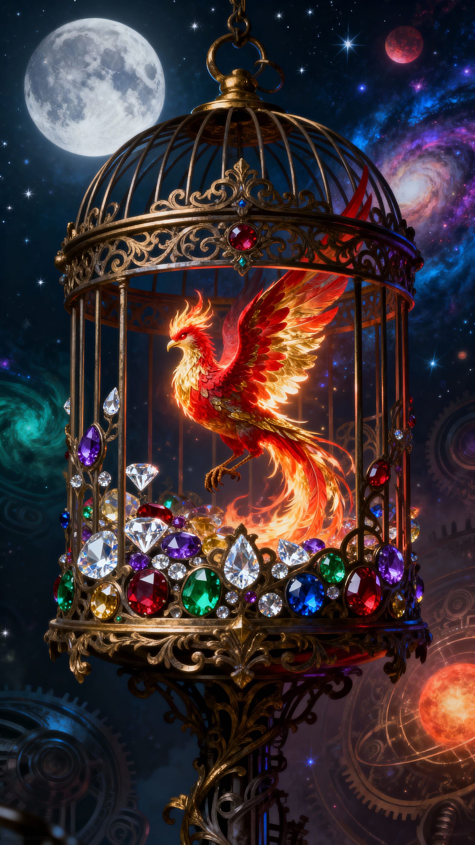Ornate Gemstone Birdcage with Fiery Phoenix Under Starry Sky