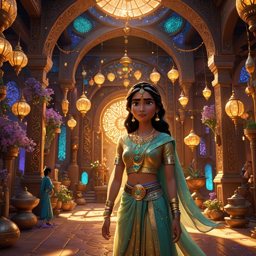 Jasmine in Fantasy Arabian Environment: Pixar-Style 3D Art