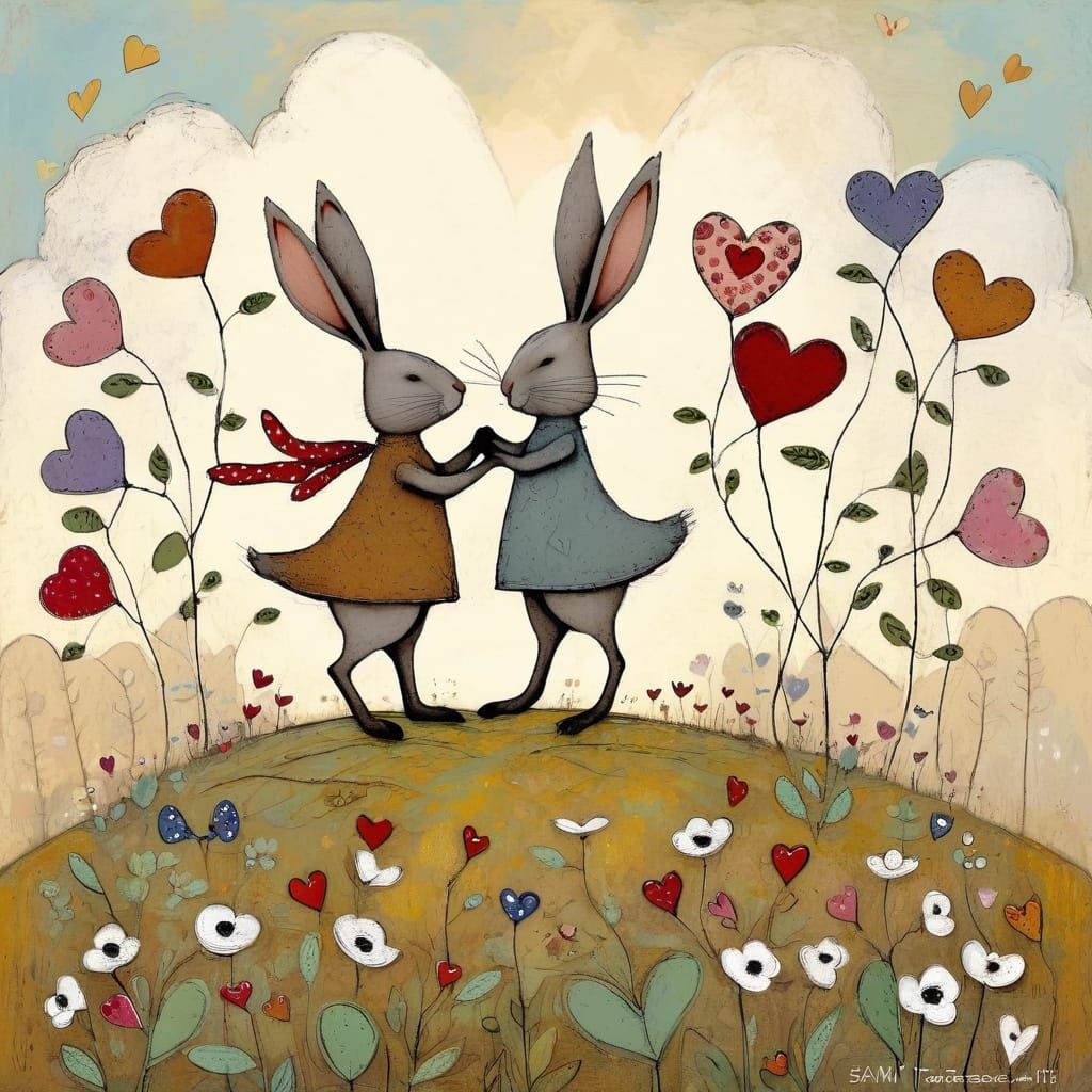Whimsical Rabbits in Cartoon Style with Flower