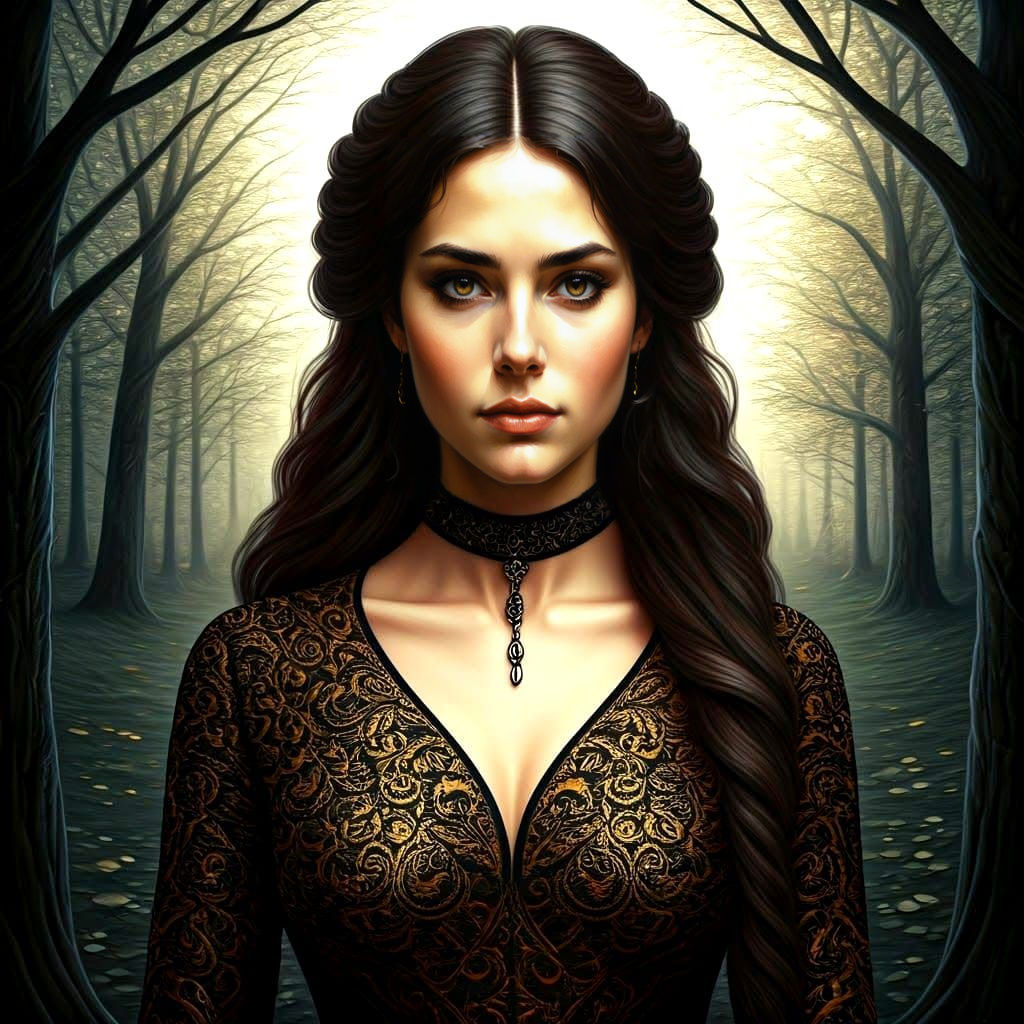 Brunette Woman in Moonlight, Impasto Oil Painting