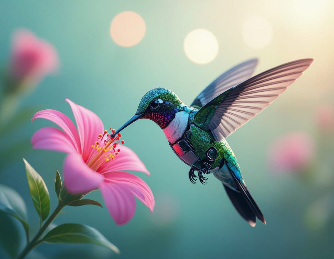 Robotic Hummingbird with Pink Flower in Neon Colors