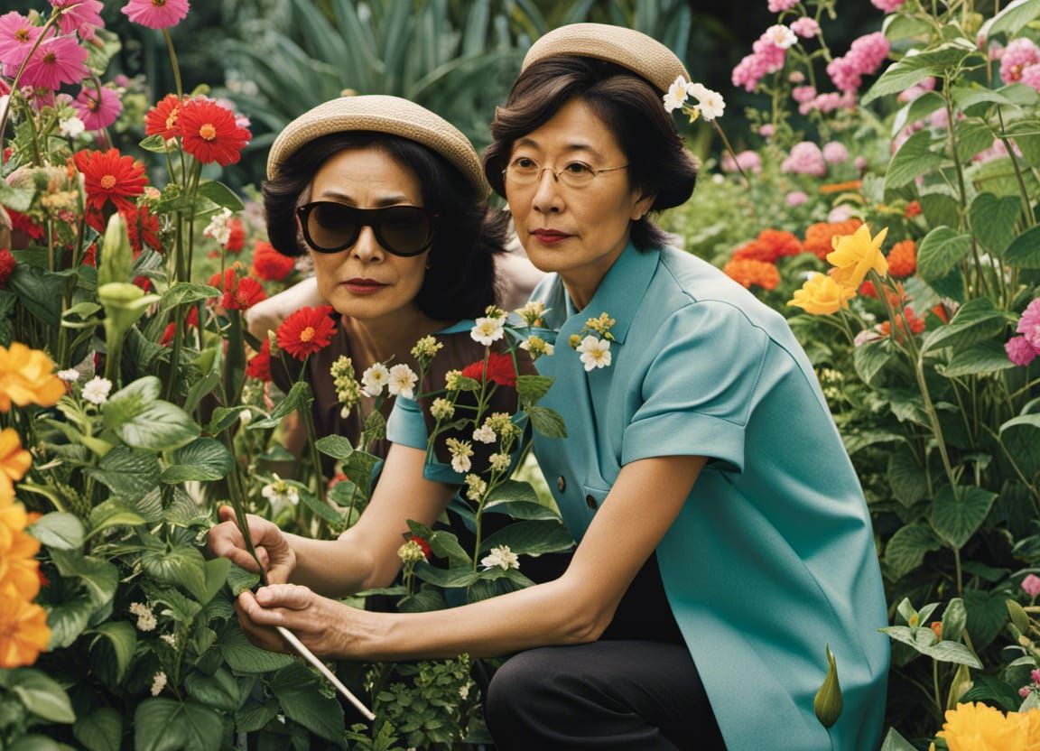 Yoko Ono as a gardener, pruning and tending to vibrant flowe...