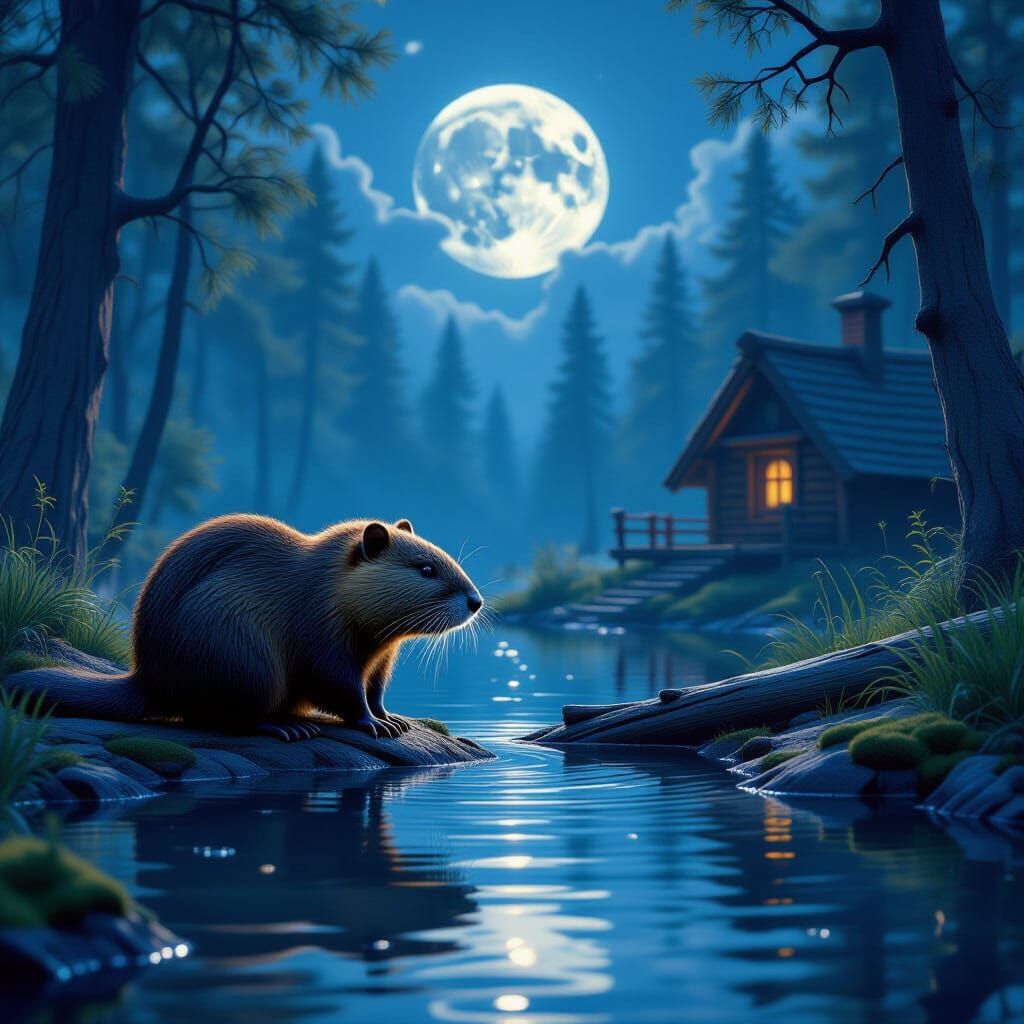Beaver Inspects Dam Under Ethereal Full Moon