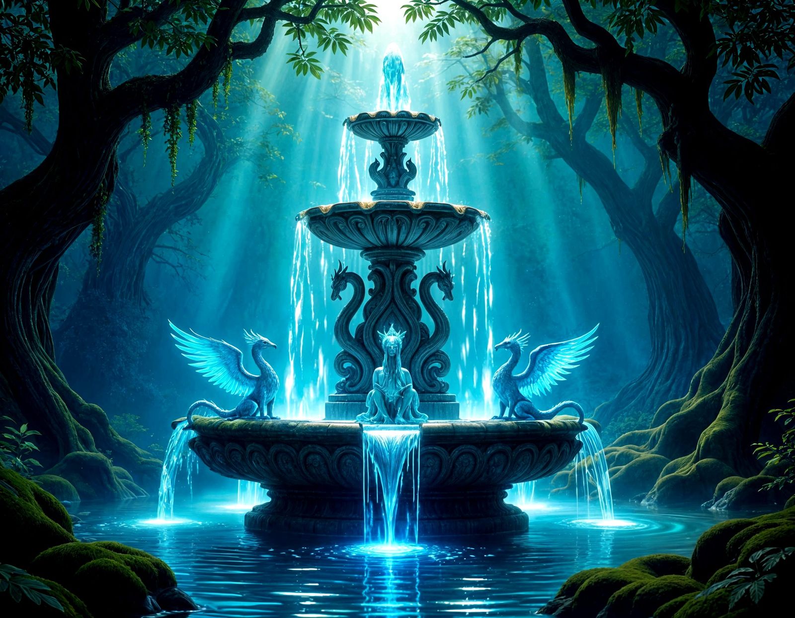 Liquid Energy Fountain in Magical Realism Style