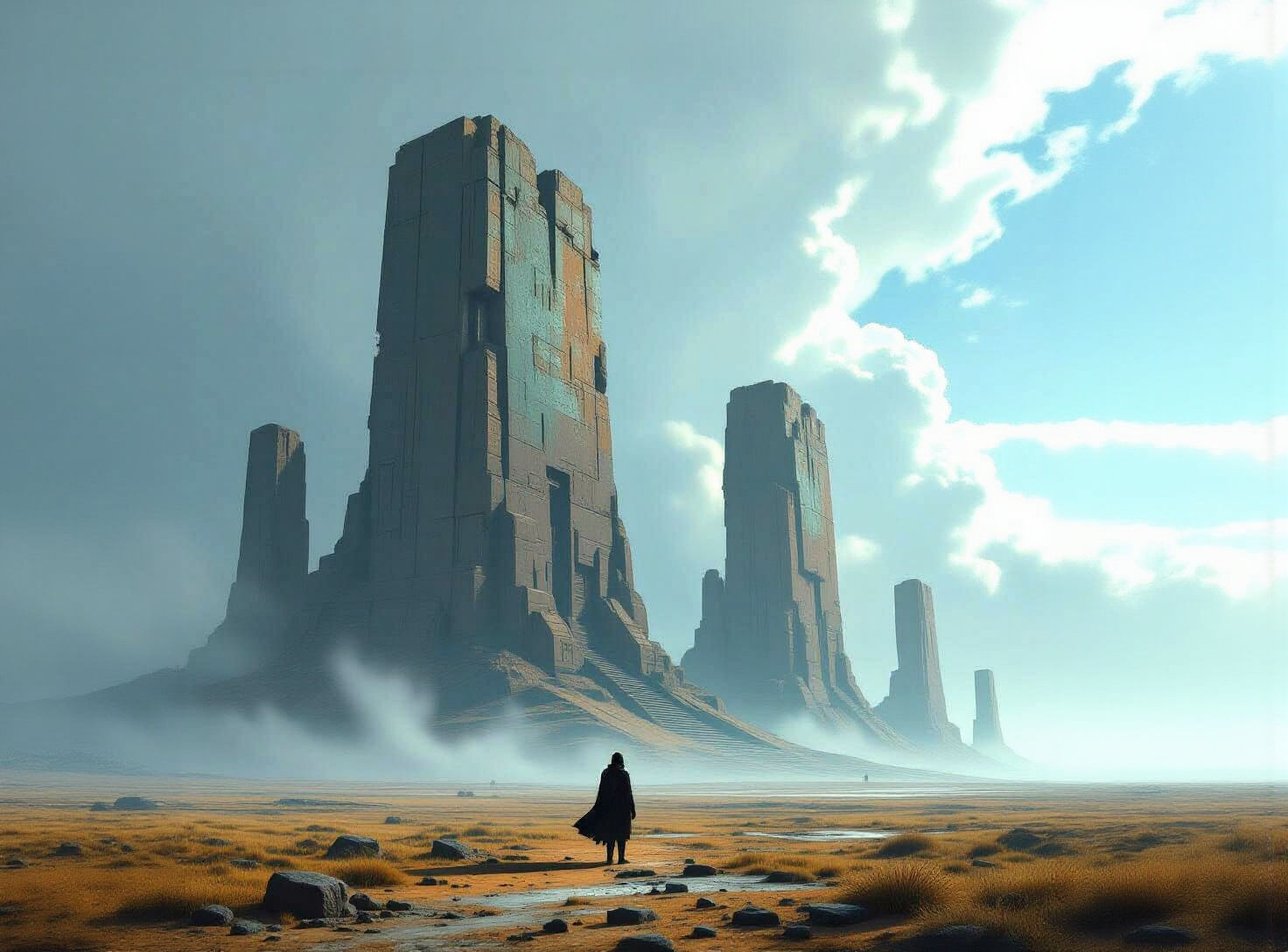 Solitary Figure Amidst Ancient Ruins in Digital Painting Sty...