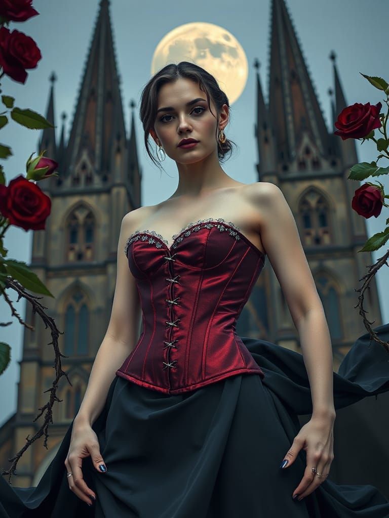 Gothic Woman in Burgundy Regalia Surrounded by Dark Roses
