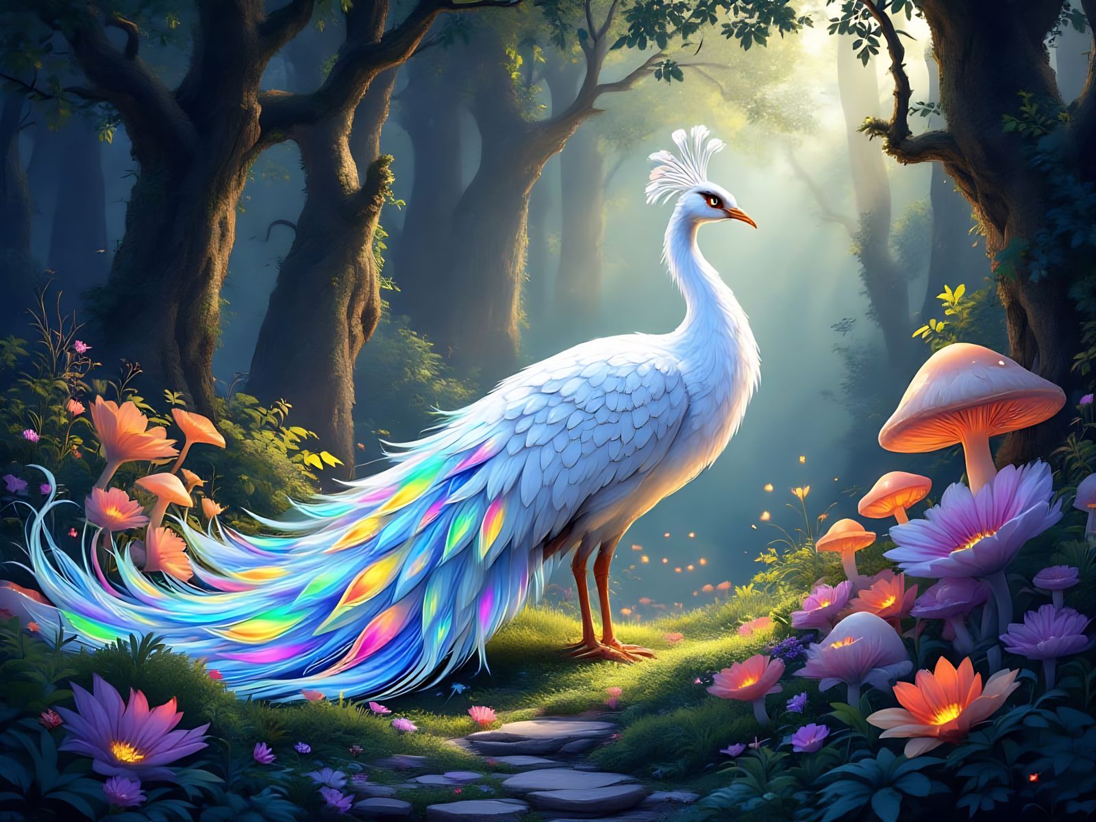 Whimsical Peacock Masterpiece in Lush Forest Setting