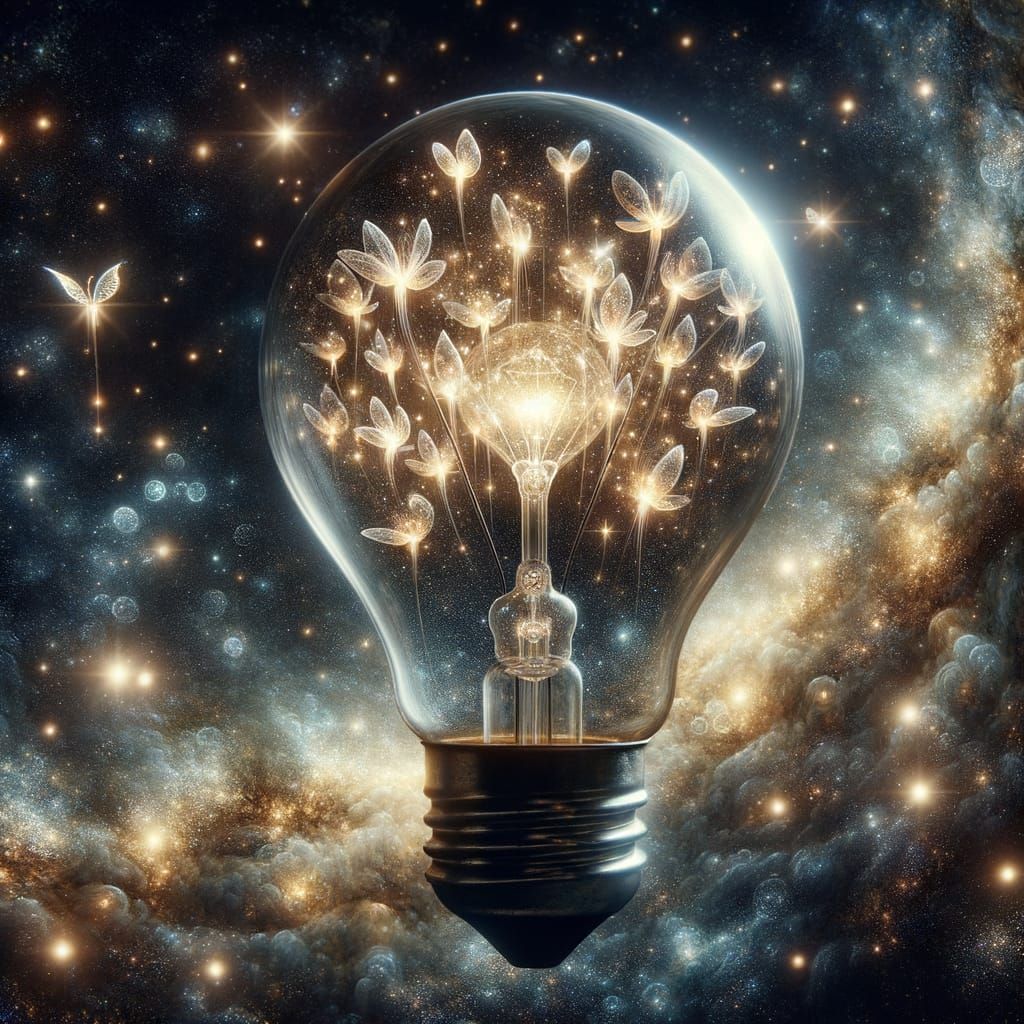 Bioluminescent Fairies in Antique Lightbulb: Ethereal Galaxy