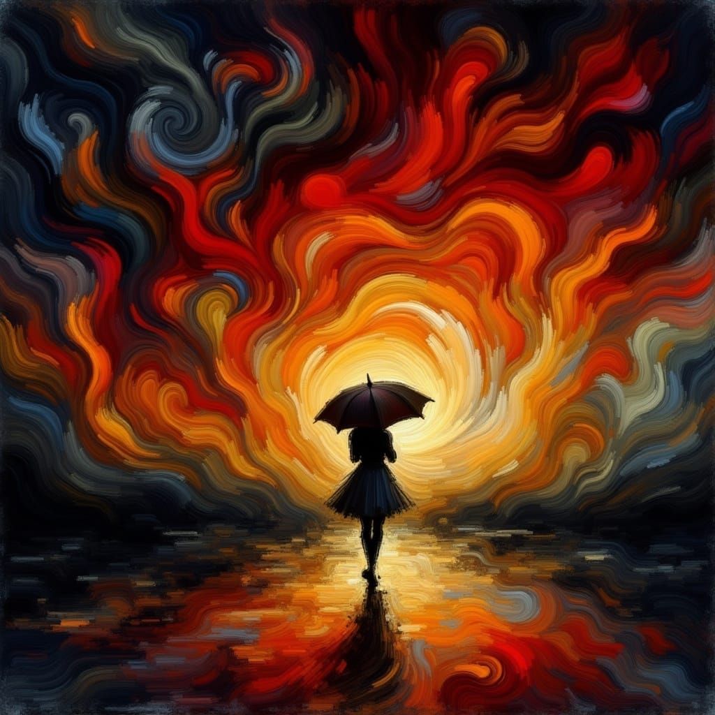 Woman Walks in Rainy Sunset with Starburst Sky