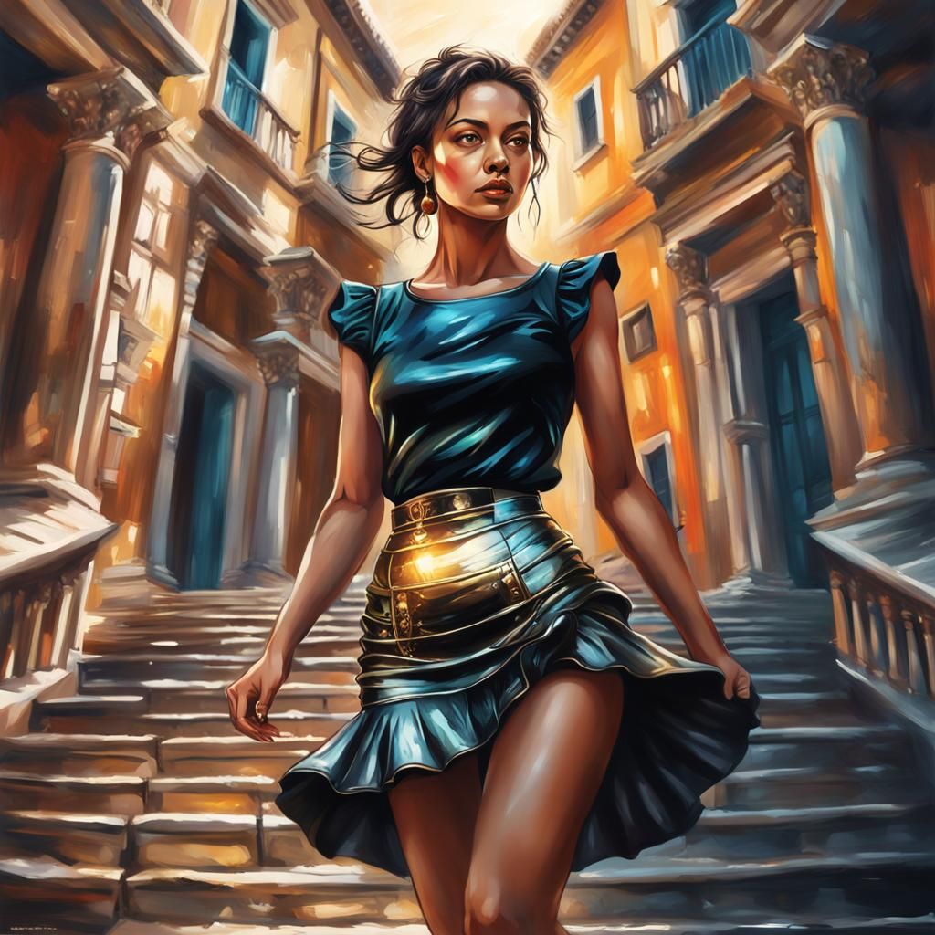 Woman on Roman Steps in Hyperrealistic Style