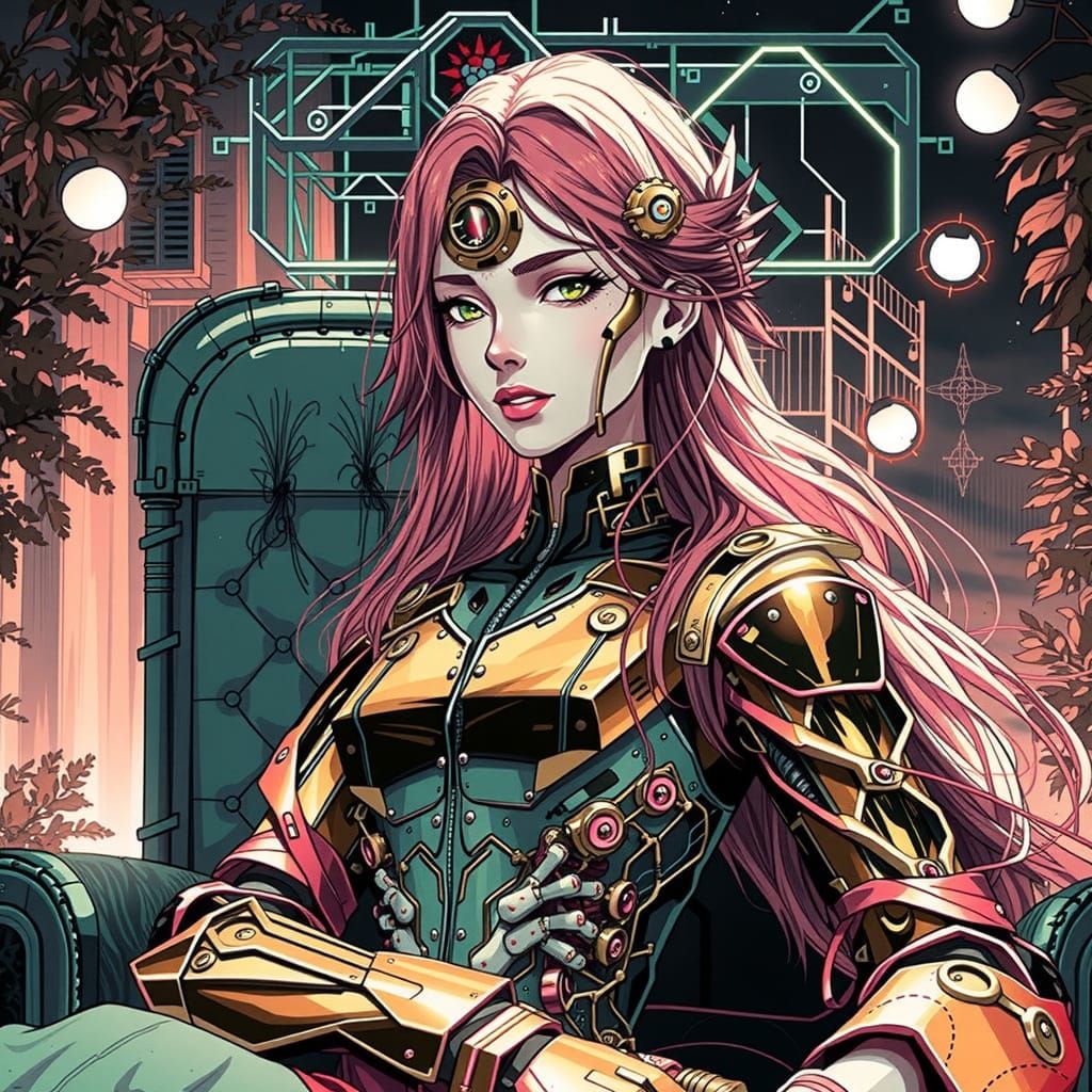 Cyborg Goddess in Vibrant Red on Mediterranean Terrace