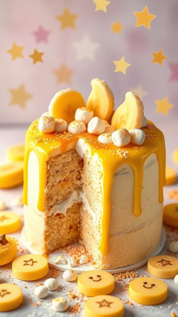 Pastel Banana Cream Cake with Fairycore Bakery Background