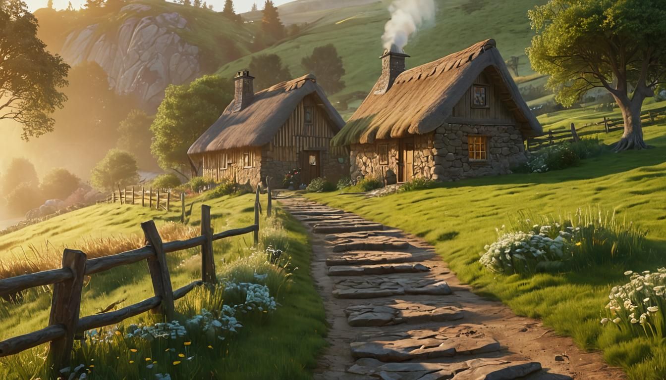 Idyllic Cabin in Misty Pasture: Matte Painting