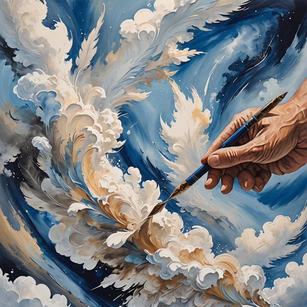 Expressionist Image of Giant Quill Writing on Earth