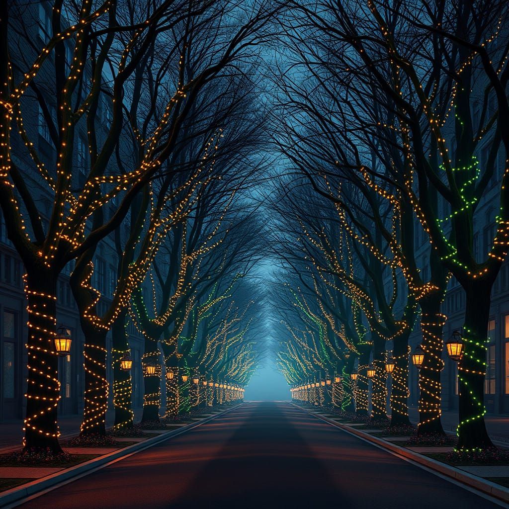 Magical City Streetscape in Vibrant Christmas Colors