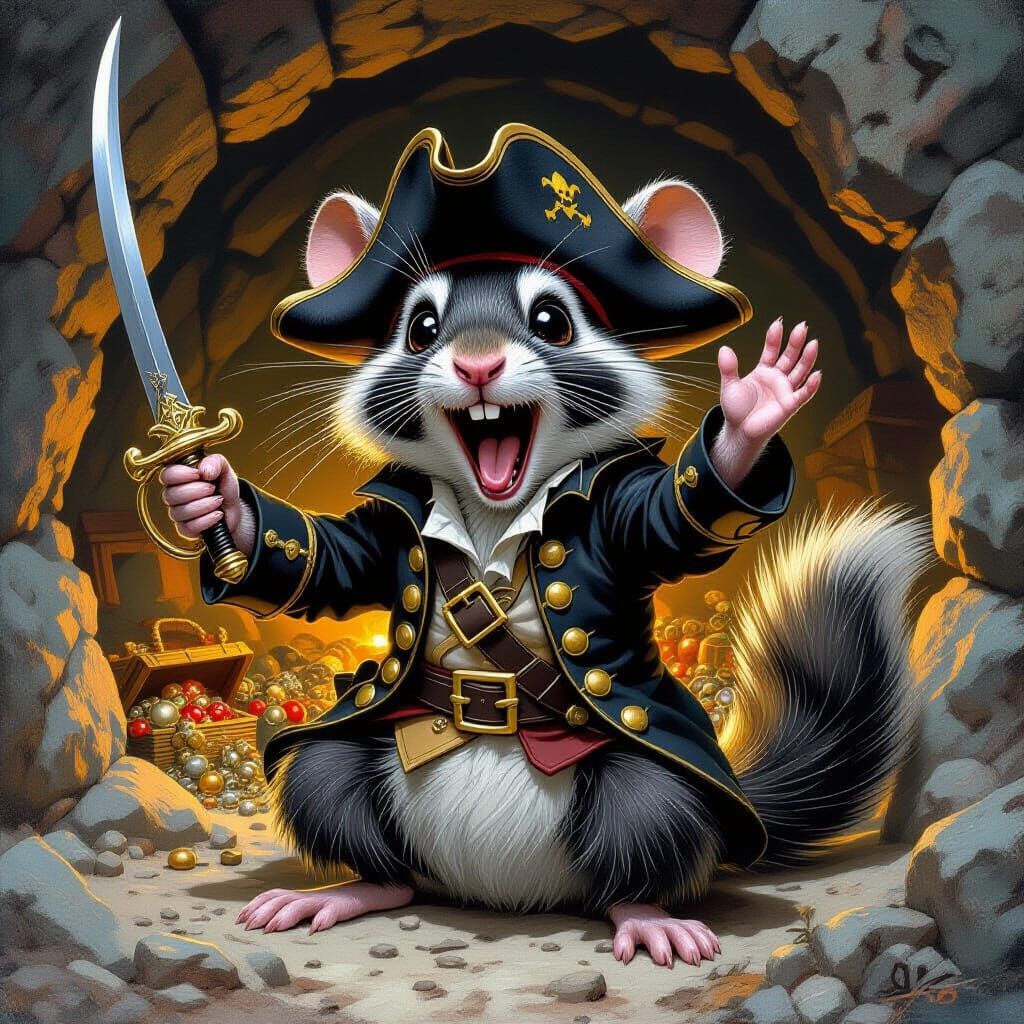 Pirate Packrat Guarding Treasure Cave, Detailed Digital Art