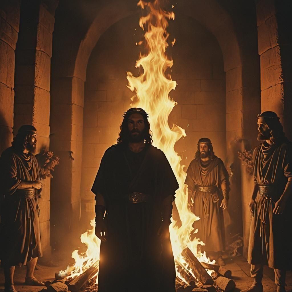 Dramatic Film Still: Four Figures in Fiery Furnace