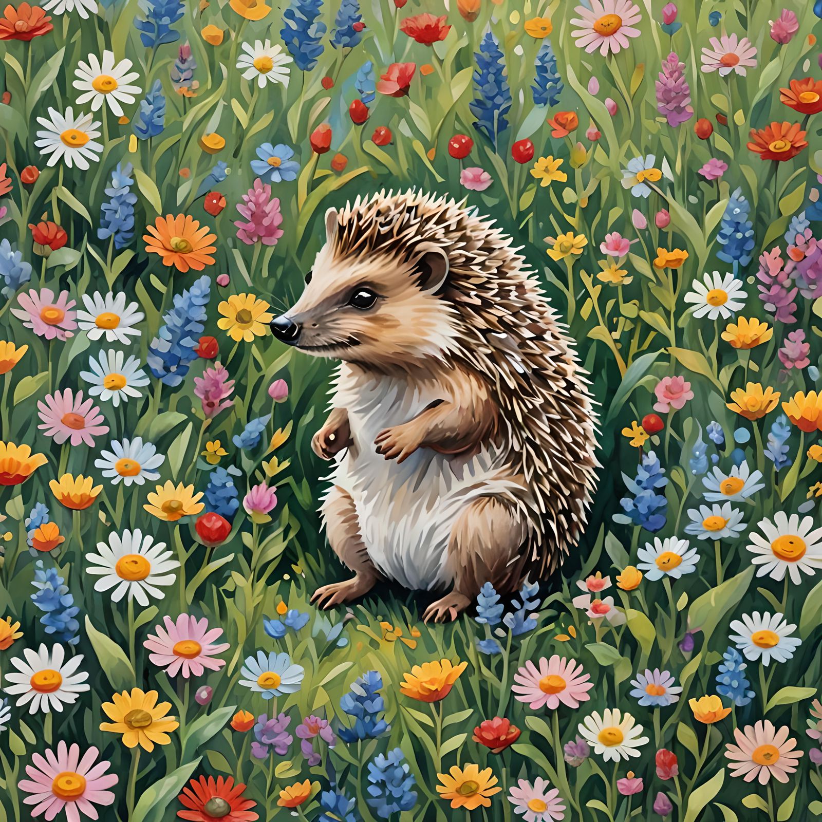 Hedgehog in Flowers, Gouache Impressionist Style