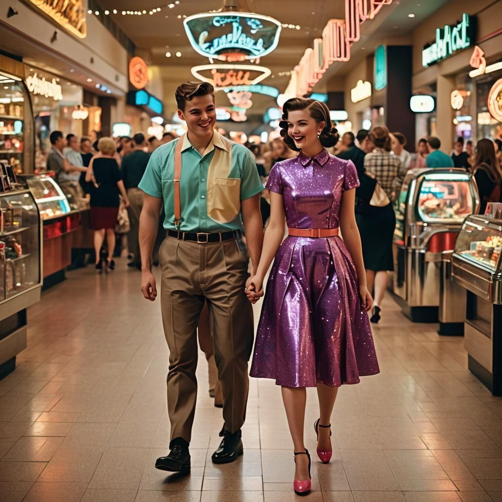 Retro-Futuristic Couple Strolling Through Vintage Mall