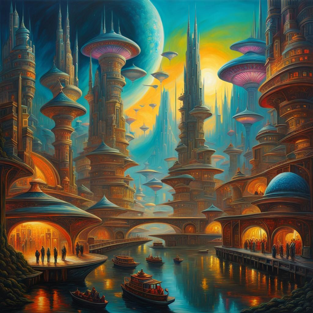 Futuristic Alien City in Bright Oil Painting