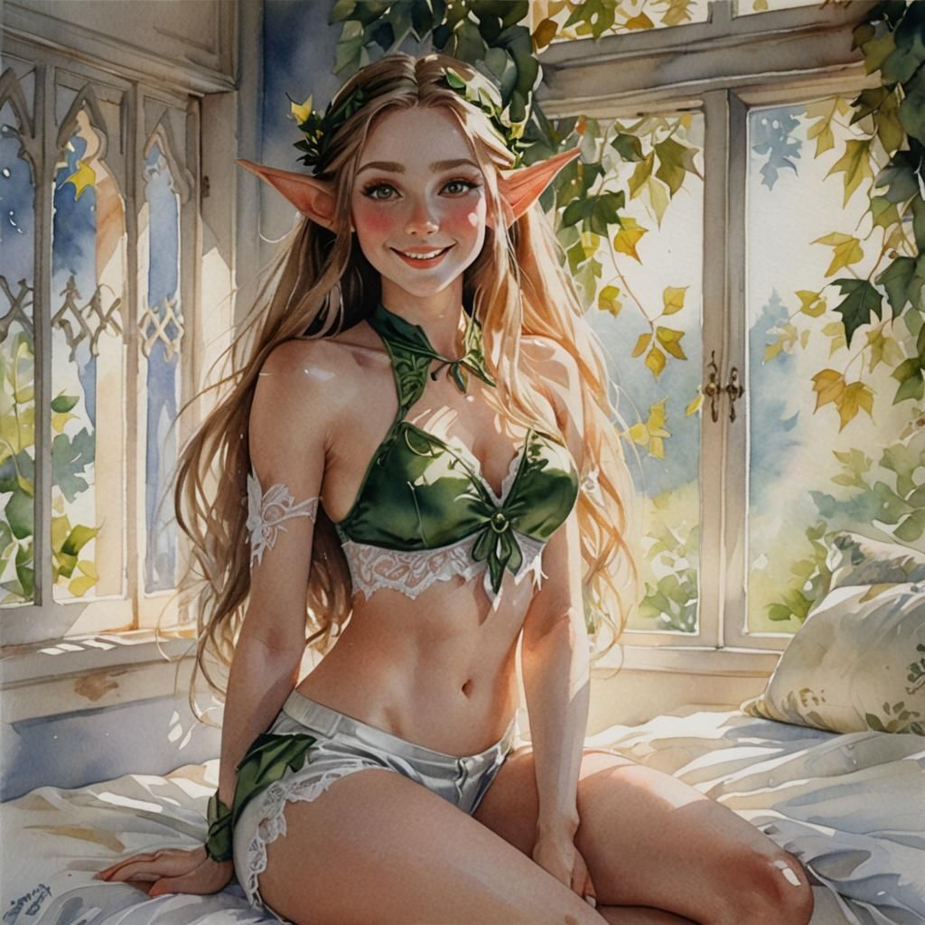 Beautiful Elf in Sunlight: Watercolor Painting