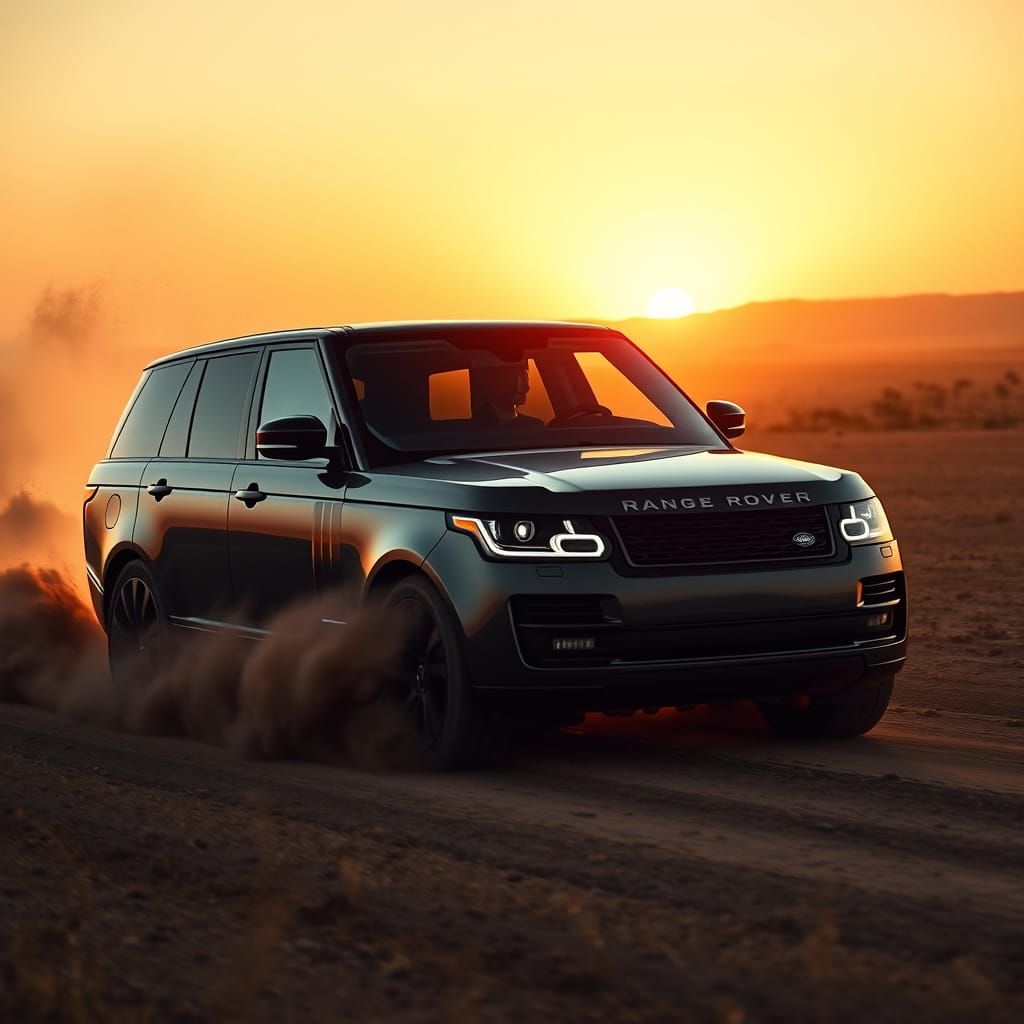 Black Range Rover Kicking Up Dust at Sunset