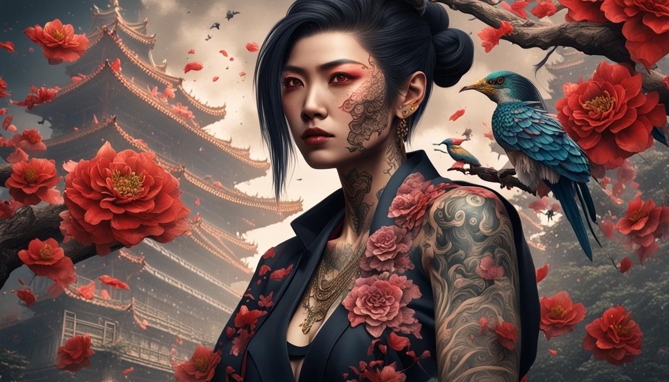 Female Yakuza with Tattoos: Detailed Matte Painting