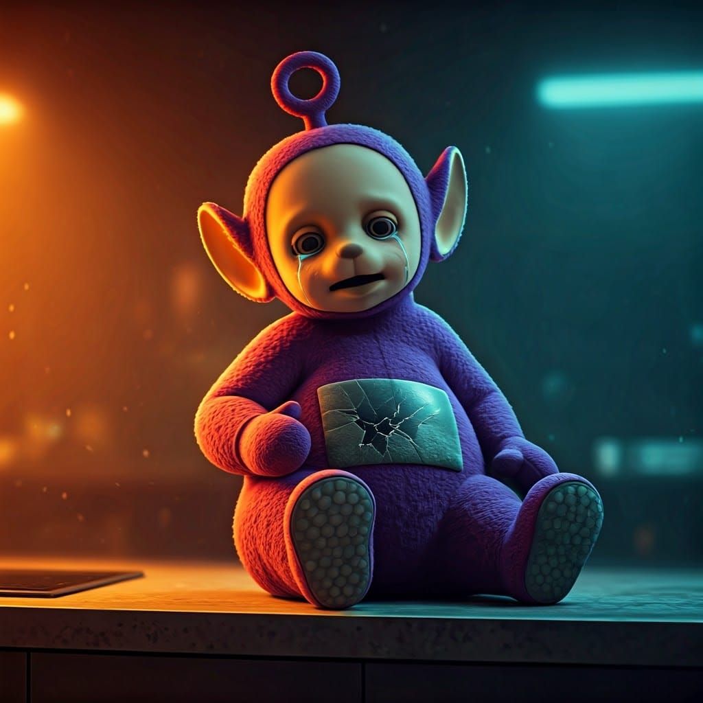 Teletubby in Distress on a Vibrant Kitchen Counter