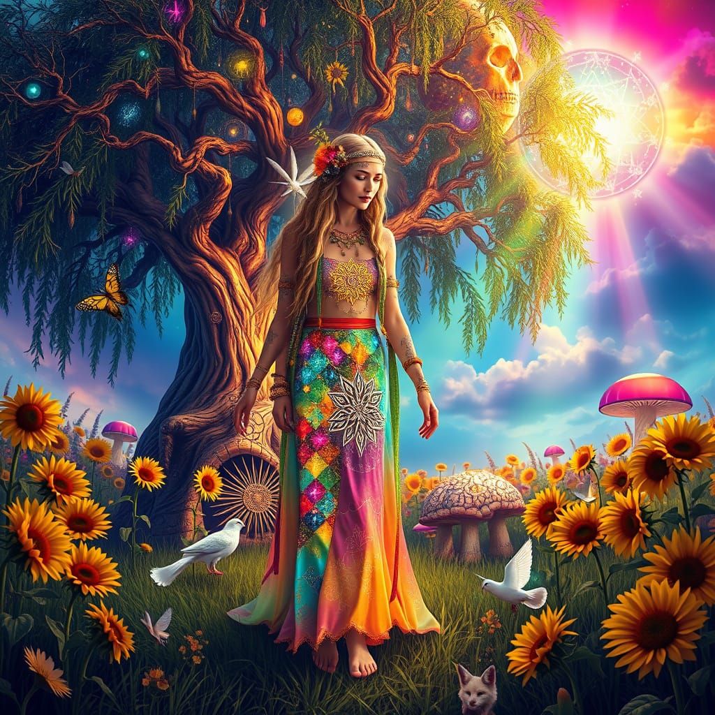 Psychedelic Tribal Priestess in a Mystical Meadow