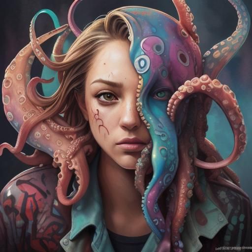 Colorful Graffiti Octopus in Watercolor Style