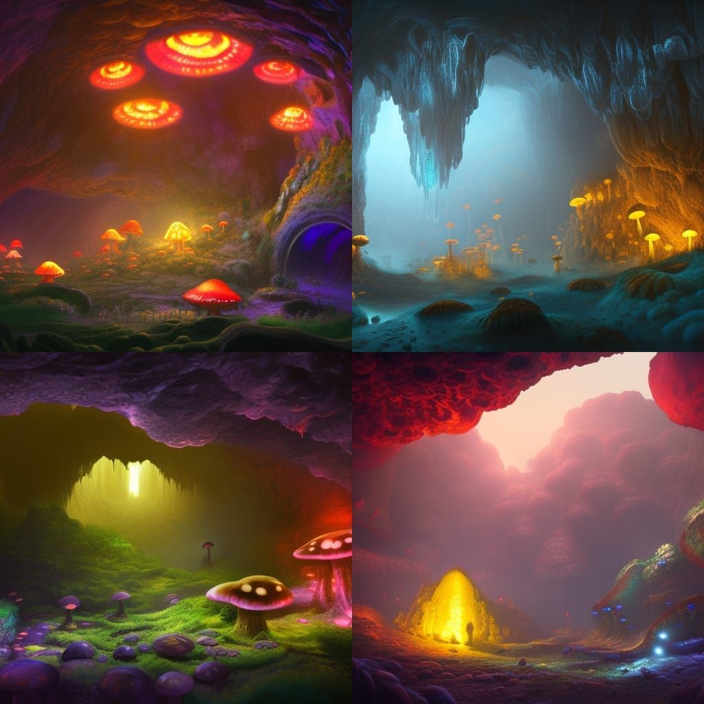 Glowing Mushrooms Illuminate a Deep Cavern