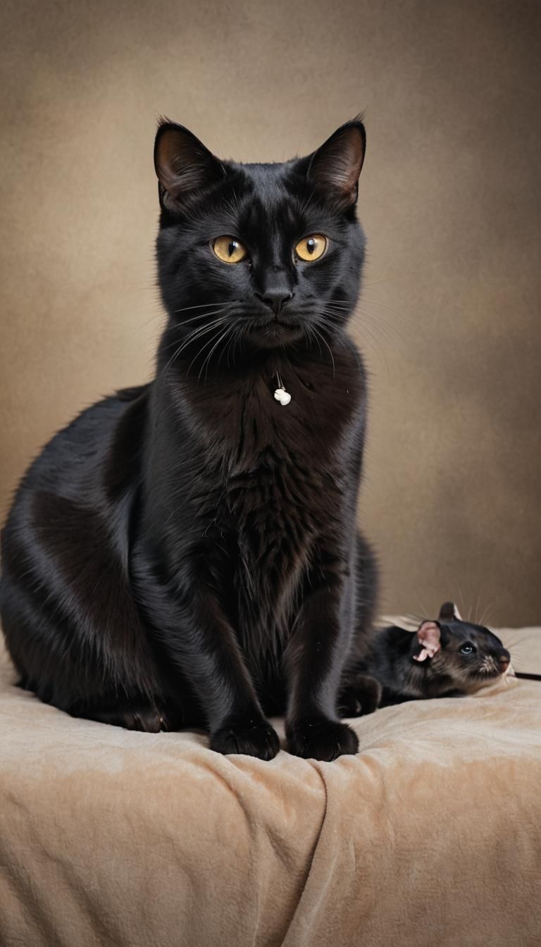 Black Cat Massaging Mouse: Studio Pet Photography