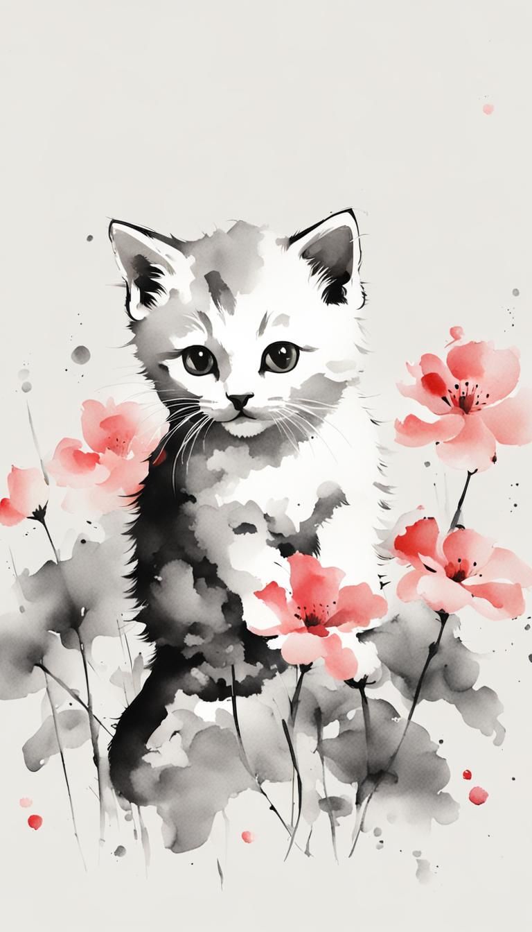 Minimalist Kitten Playing with Flower: Chinese Ink Painting