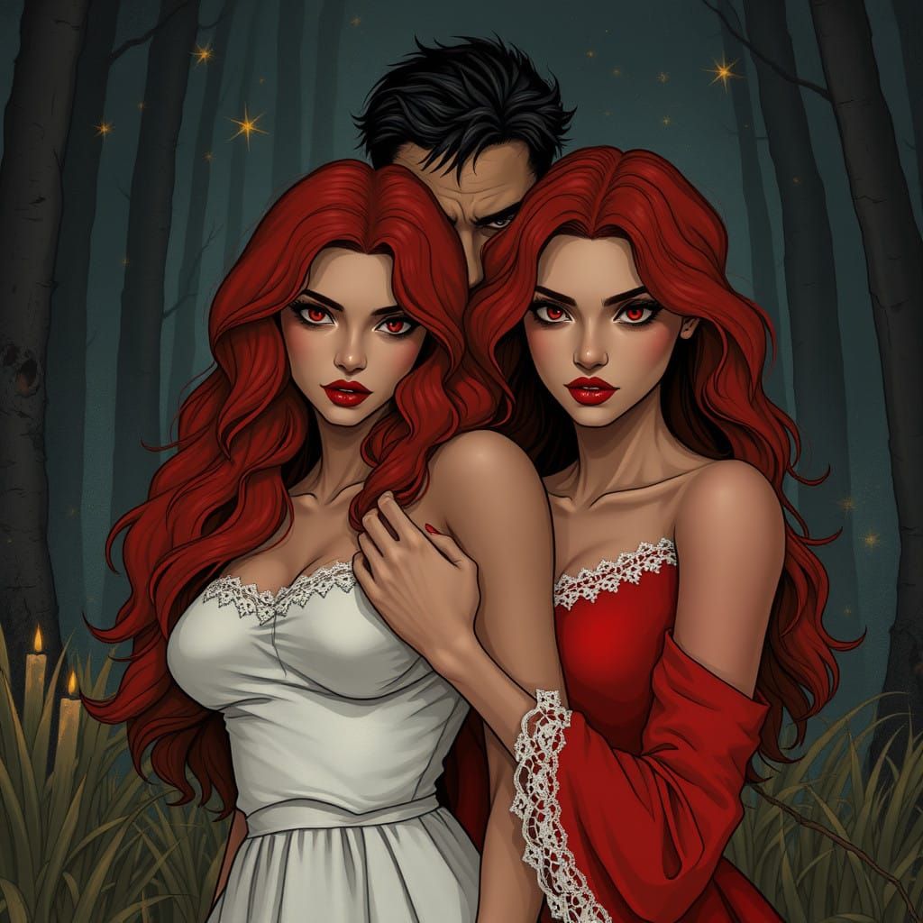 Angel and Demon Women Lure Man in Dark and Mysterious Landsc...