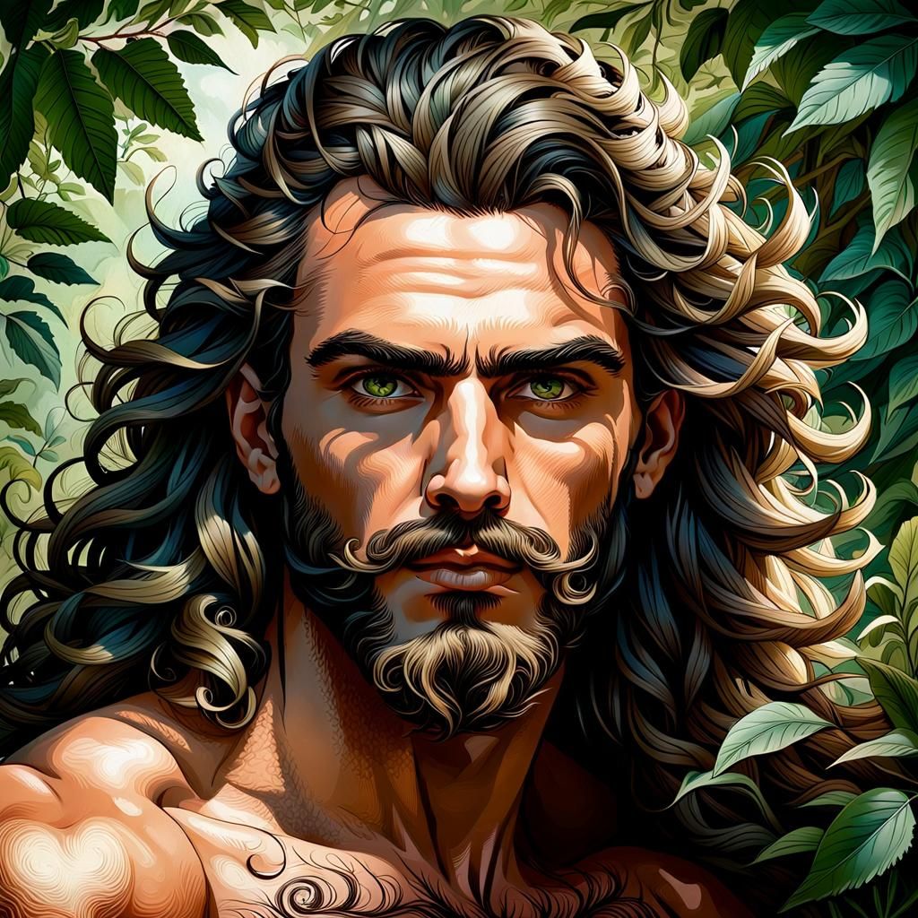 Handsome Forest Man with Spiraling Beard: Botanical Art